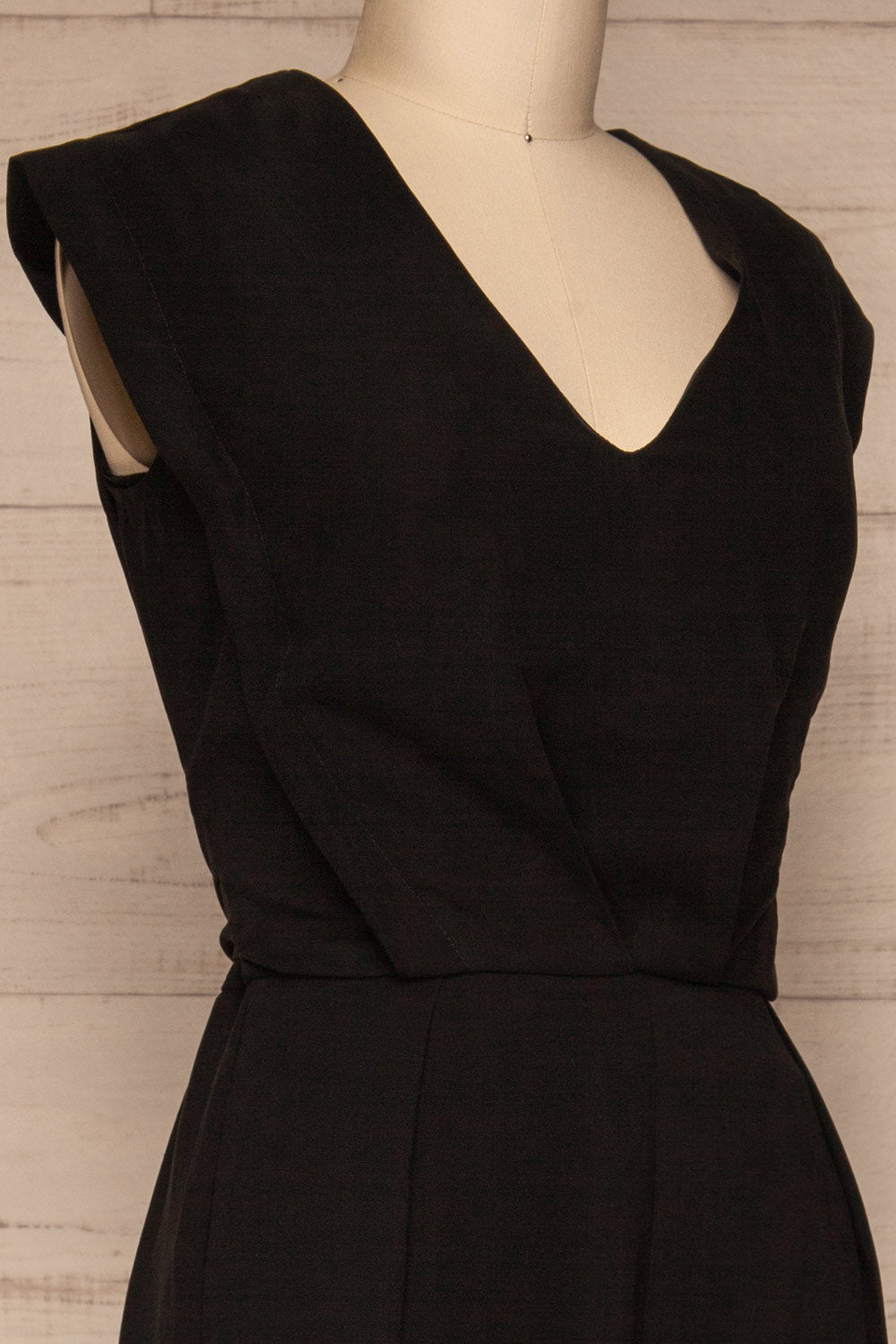 Aase Black V Neck Straight Leg Jumpsuit | La petite garçonne side close-up