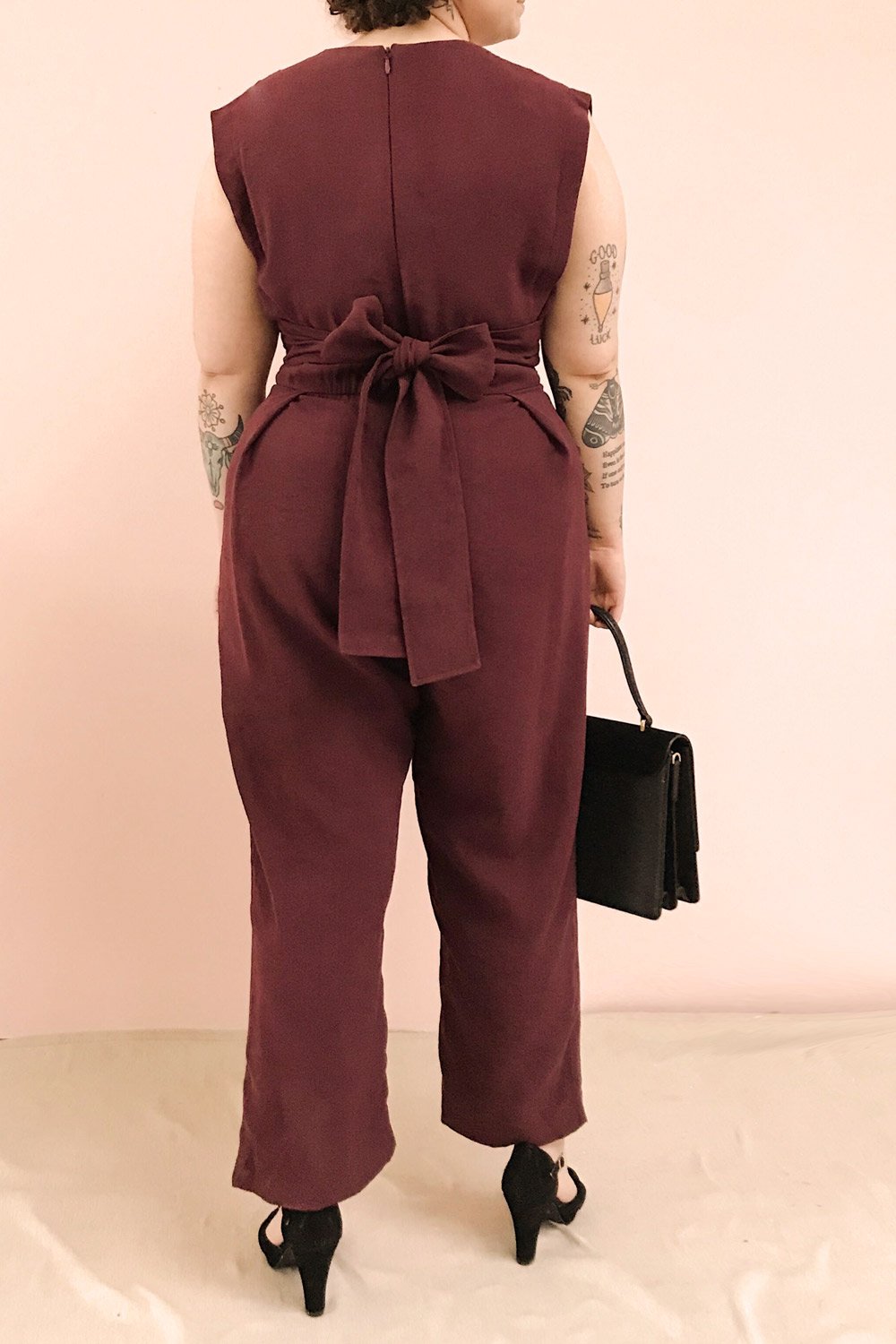 Aase Burgundy V Neck Straight Leg Jumpsuit | La petite garçonne back 1