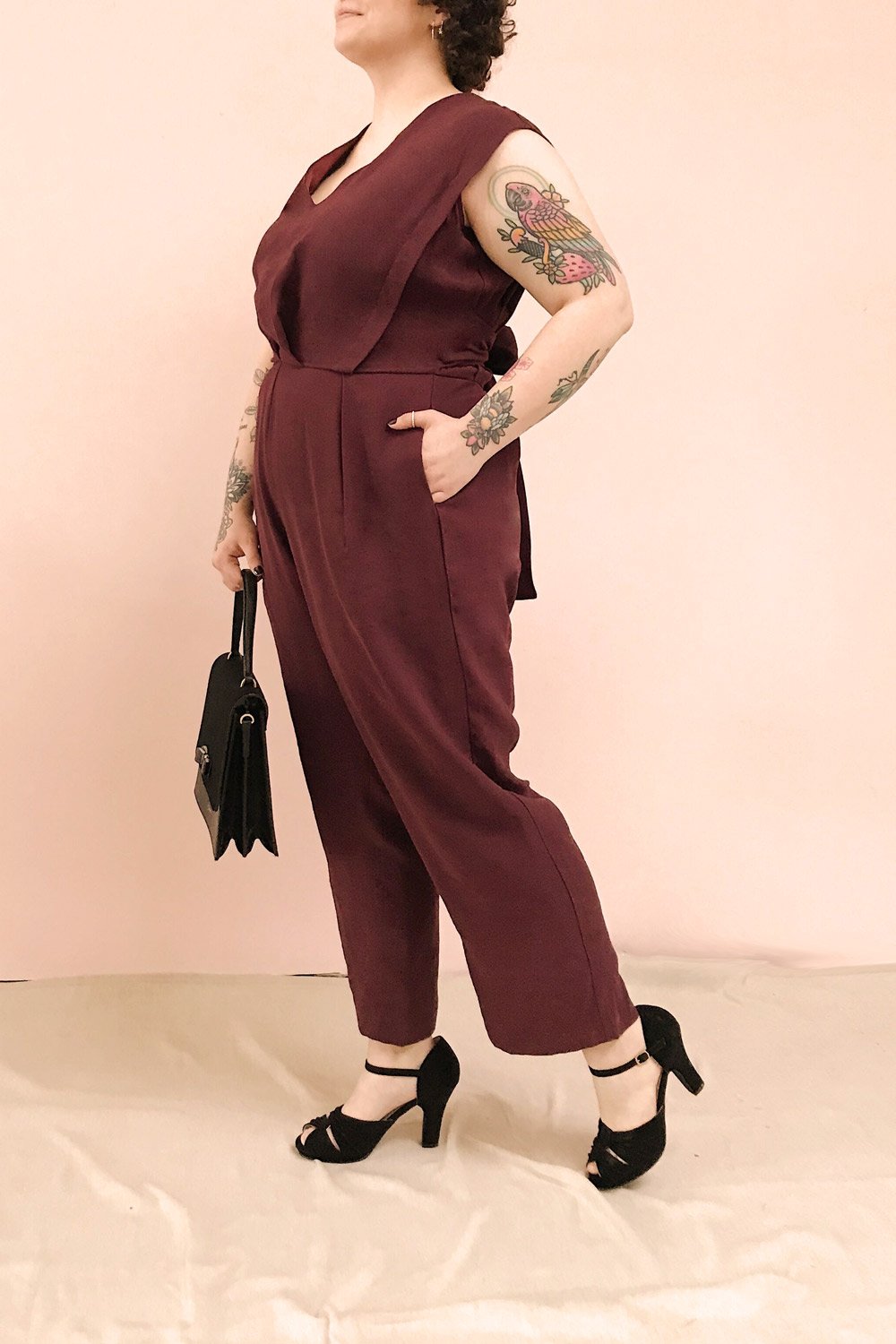 Aase Burgundy V Neck Straight Leg Jumpsuit | La petite garçonne model profile