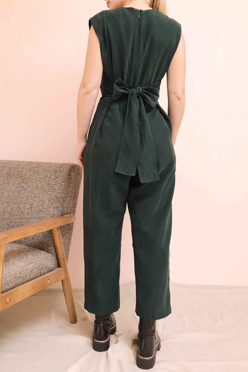 Aase Burgundy V Neck Straight Leg Jumpsuit | La petite garçonne model back