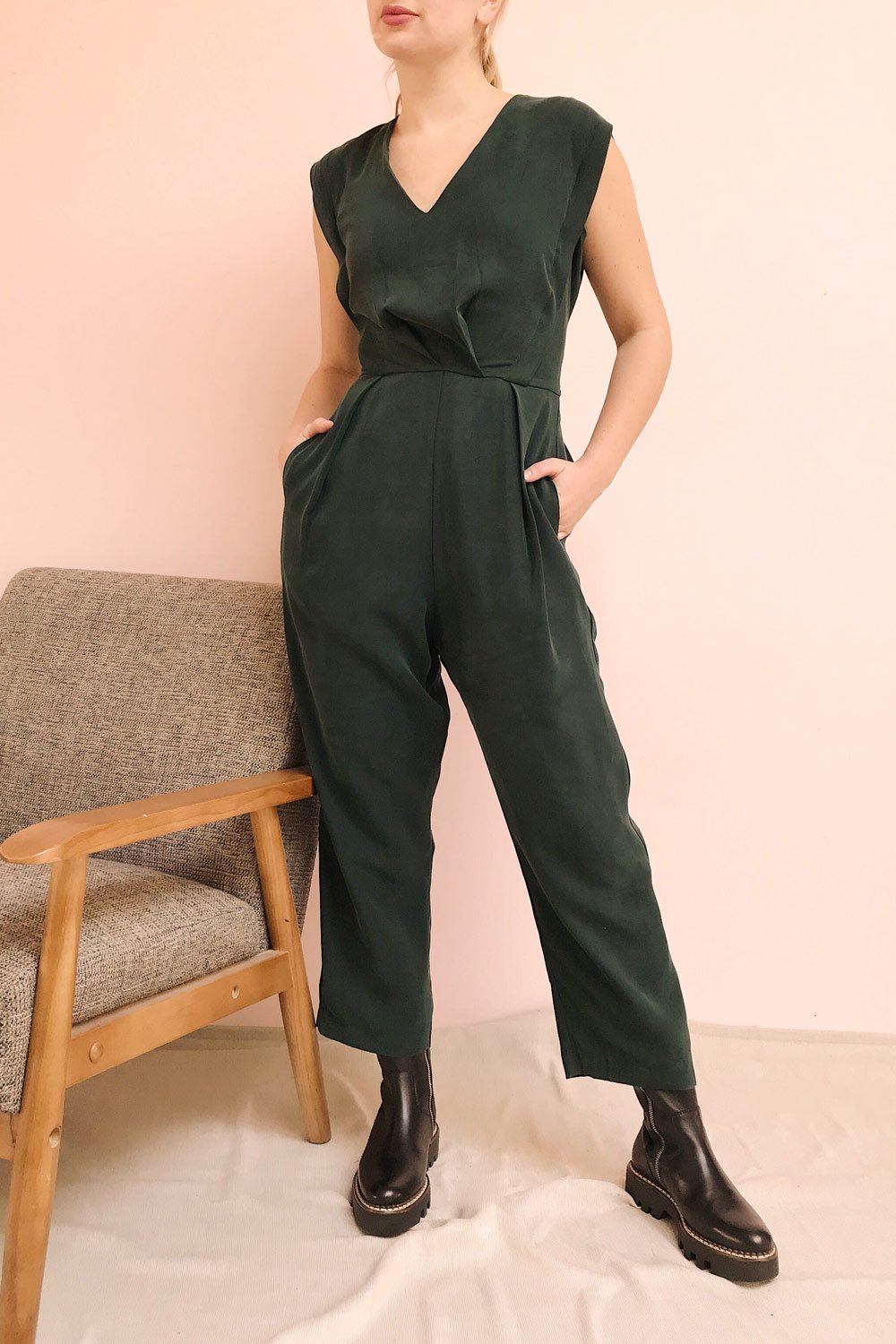 Aase Black V Neck Straight Leg Jumpsuit | La petite garçonne on model