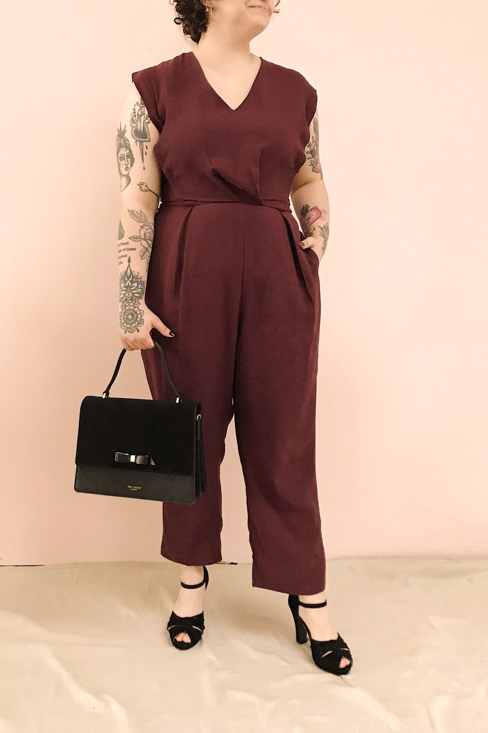 Aase Burgundy V Neck Straight Leg Jumpsuit | La petite garçonne model look 1