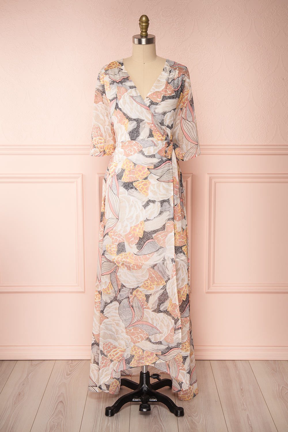 Abhaya Beige Patterned Maxi Wrap Dress | Boutique 1861