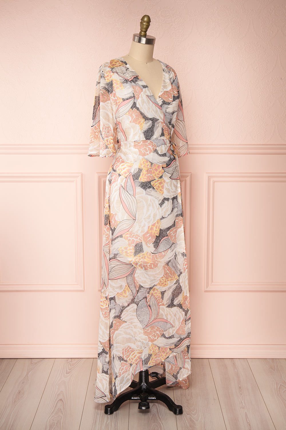 Abhaya Beige Patterned Maxi Wrap Dress side view | Boutique 1861