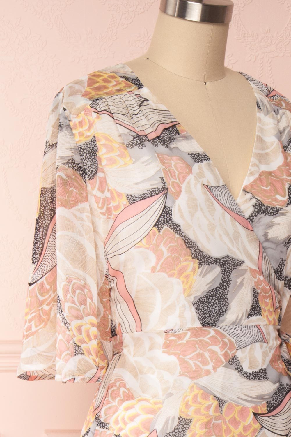 Abhaya Beige Patterned Maxi Wrap Dress side close up | Boutique 1861