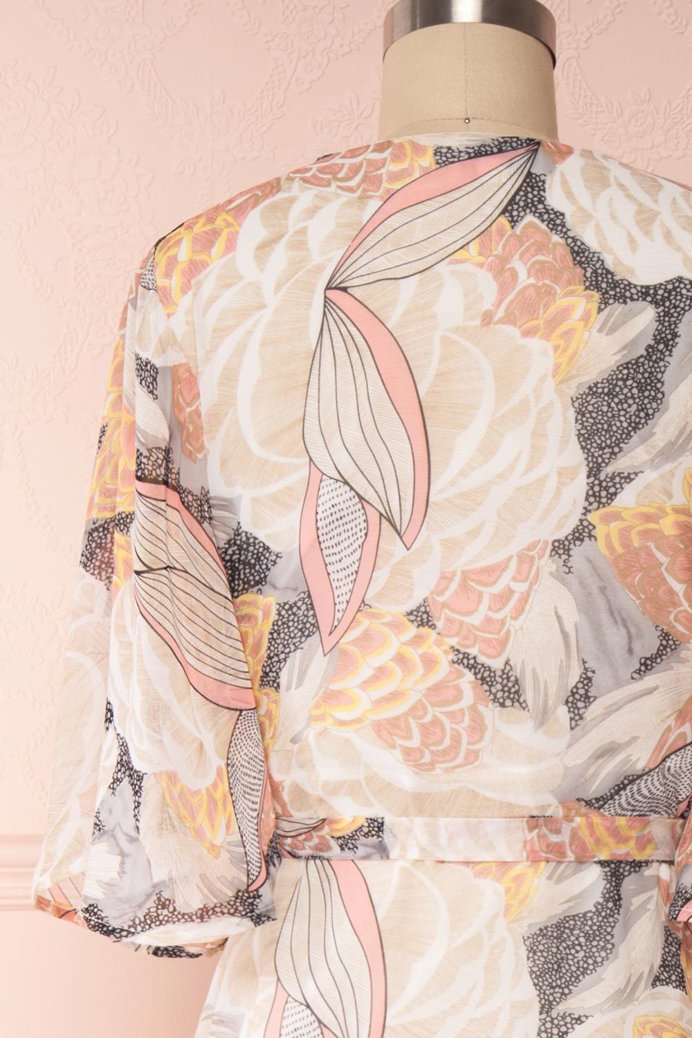 Abhaya Beige Patterned Maxi Wrap Dress back close up | Boutique 1861