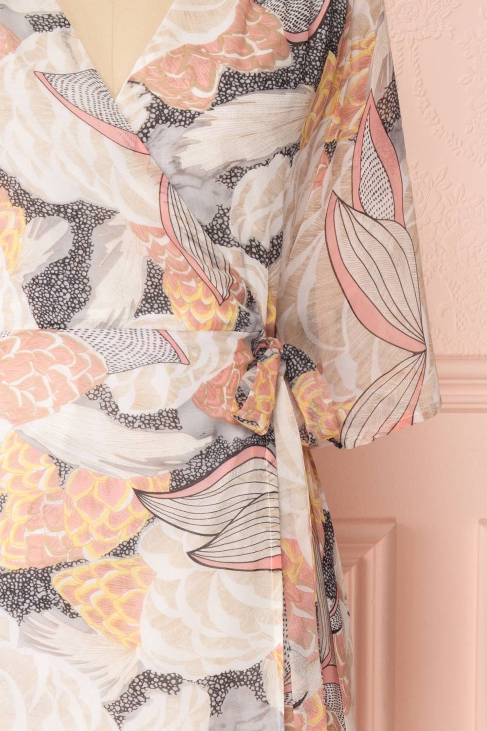 Abhaya Beige Patterned Maxi Wrap Dress sleeves | Boutique 1861