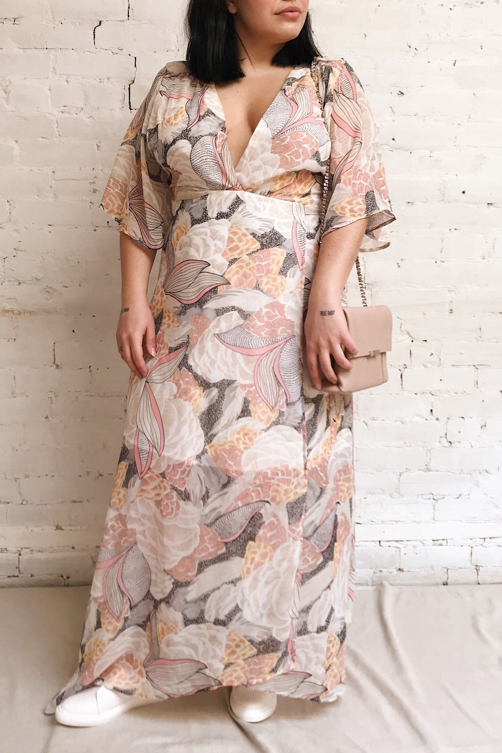 Abhaya Beige Patterned Maxi Wrap Dress | Boutique 1861 model look