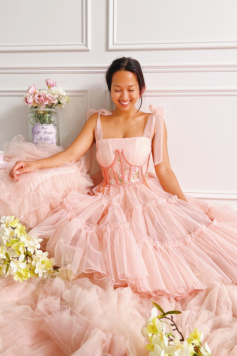 Abigail Tiered Pink Tulle Midi Dress | Boutique 1861 on model