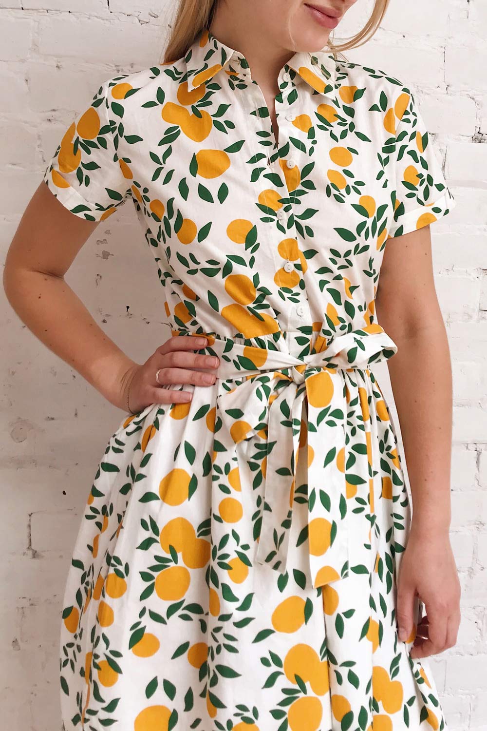 Achillea White Lemon Print Shirt Dress | Boutique 1861 on model