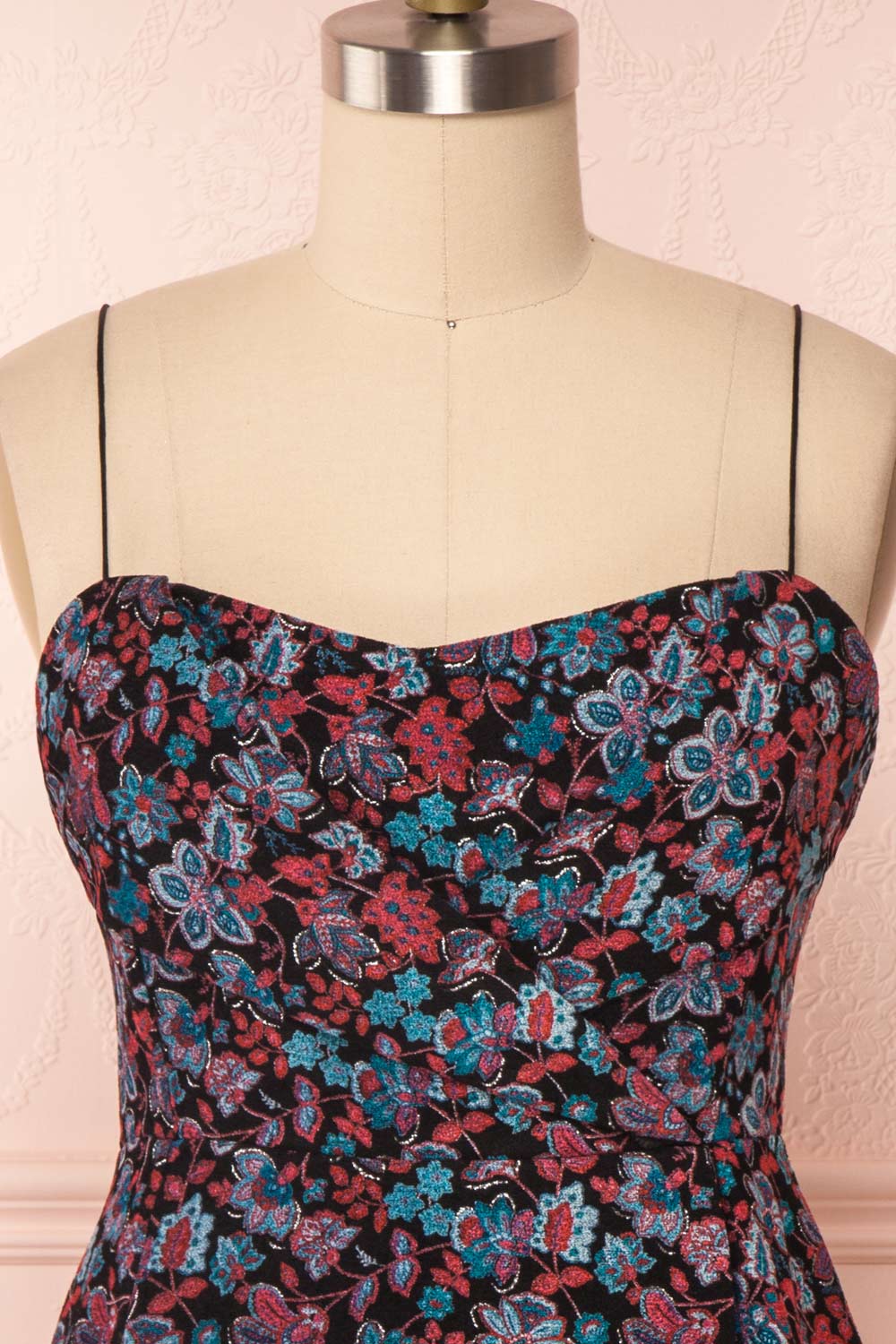 Adamina Black Floral Dress | Robe Fleurie front close up | Boutique 1861