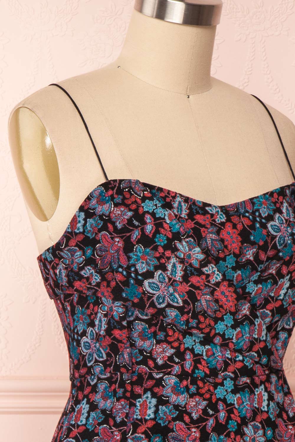 Adamina Black Floral Dress | Robe Fleurie side close up | Boutique 1861