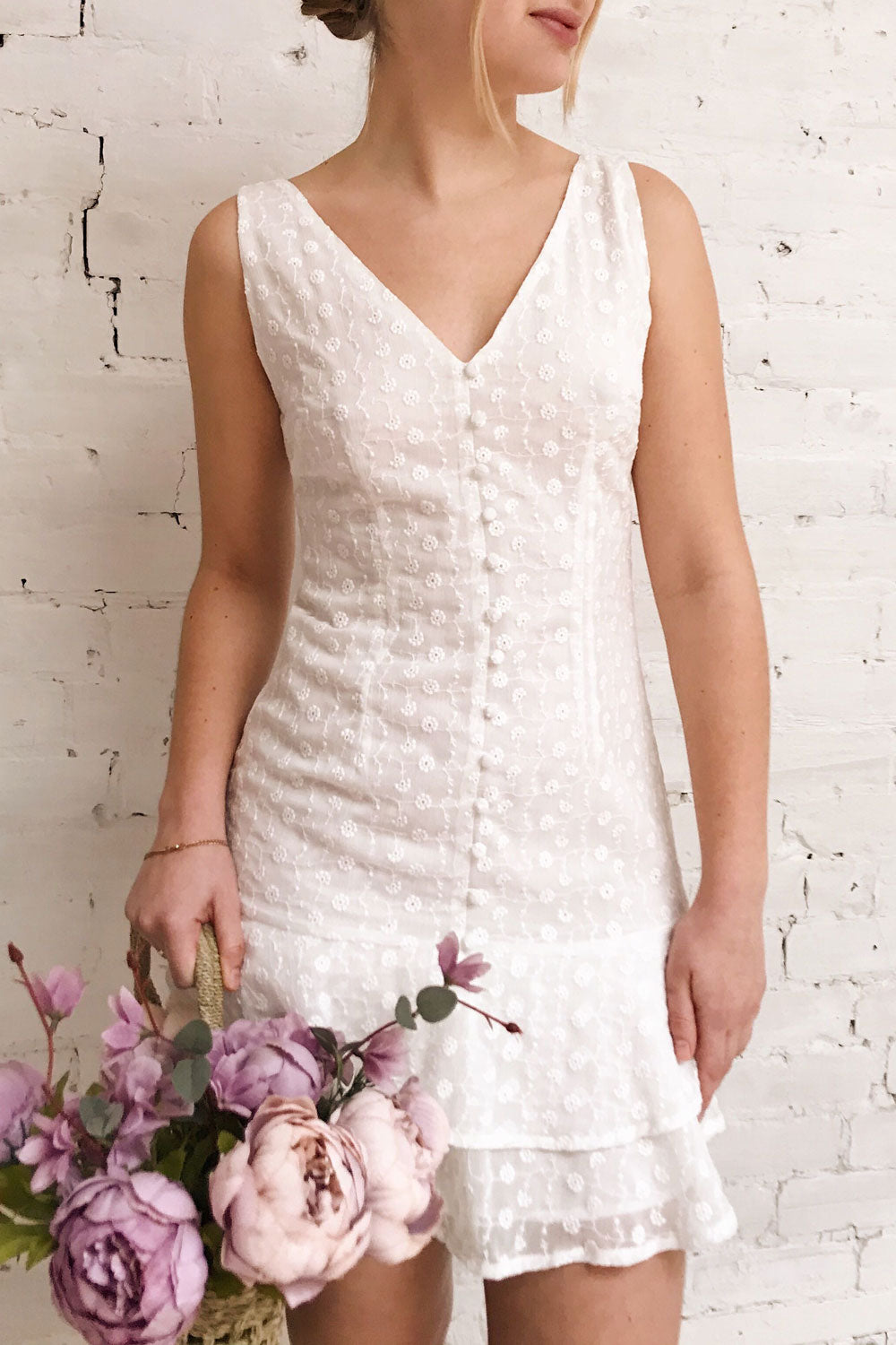 Adelaide White Short Summer Dress w/ Frills | Boutique 1861 on model