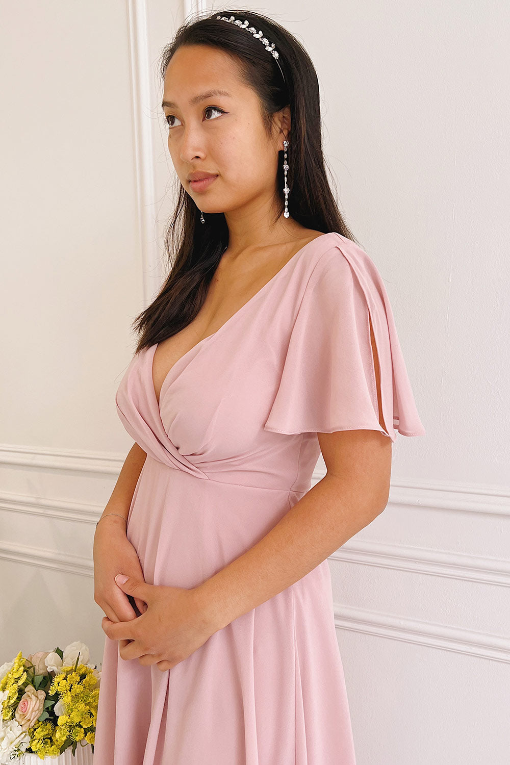 Adelie Lilac V-neck Chiffon Midi Dress | Boutique 1861 on model close-up