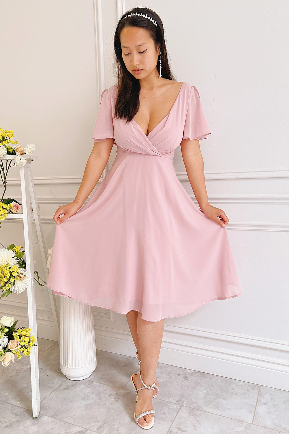 Adelie Lilac V-neck Chiffon Midi Dress | Boutique 1861 on model