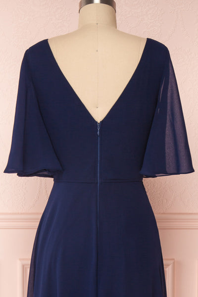 Adelphia Navy Blue Chiffon Maxi Prom Dress | BACK CLOSE UP | Boutique 1861