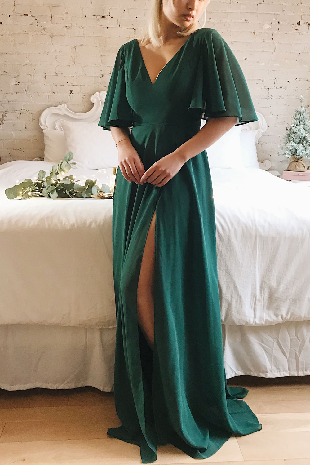 Adelphia Green V-Neck Chiffon Maxi Dress | Boutique 1861 model