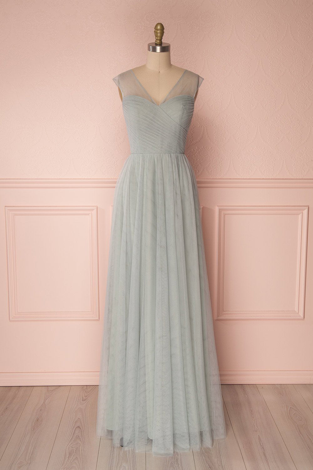Adifa Eucalyptus Sage Net Tulle Sleeveless A-Line Gown | Boudoir 1861
