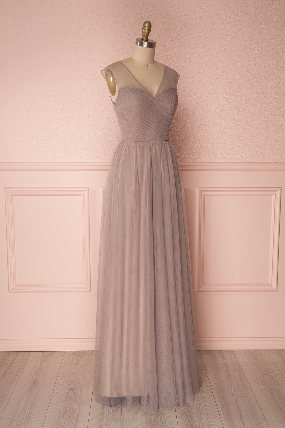 Adifa Sand Taupe Net Tulle Sleeveless A-Line Gown | Boudoir 1861 4