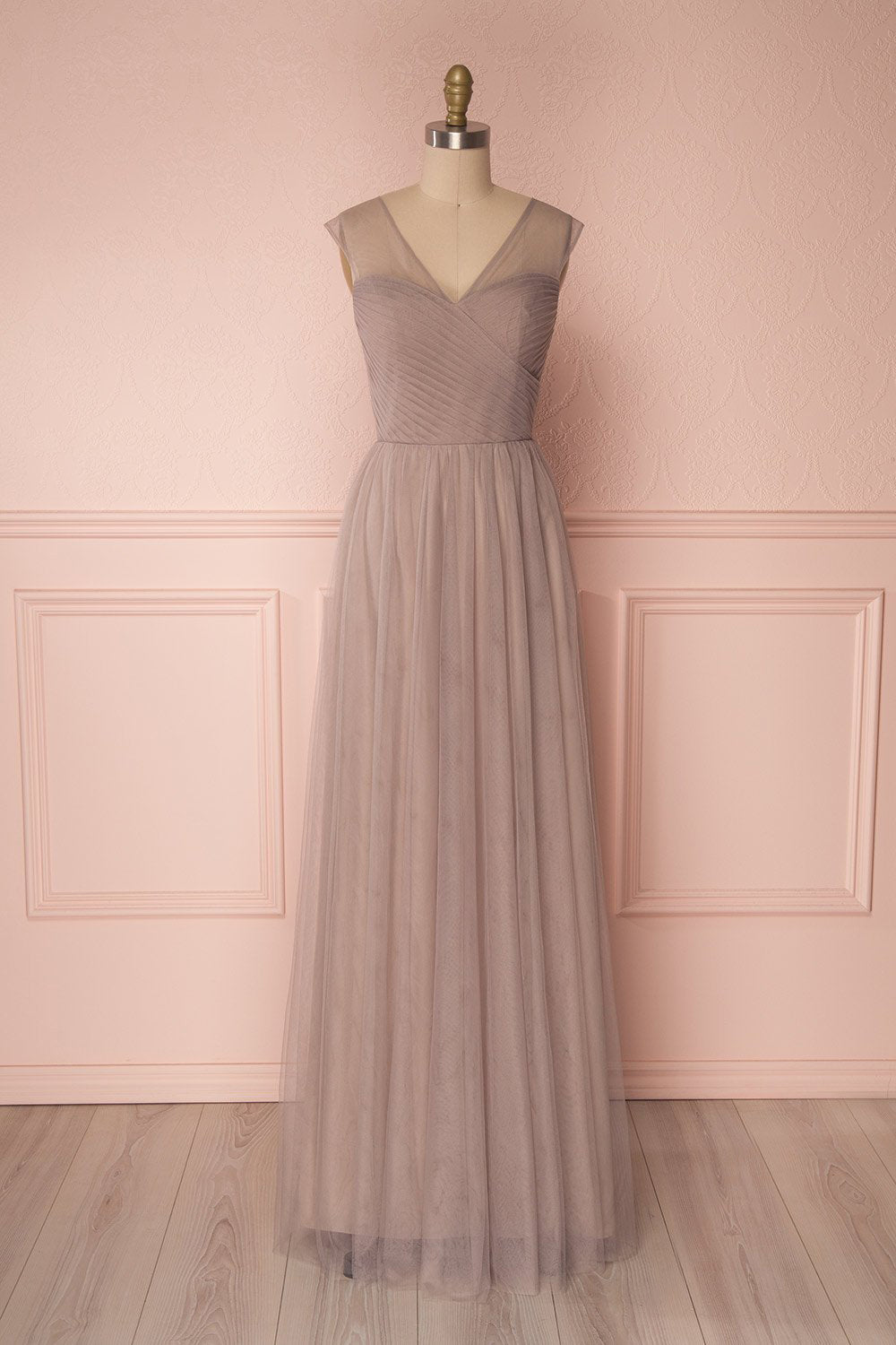 Adifa Sand Taupe Tulle Sleeveless A-Line Gown