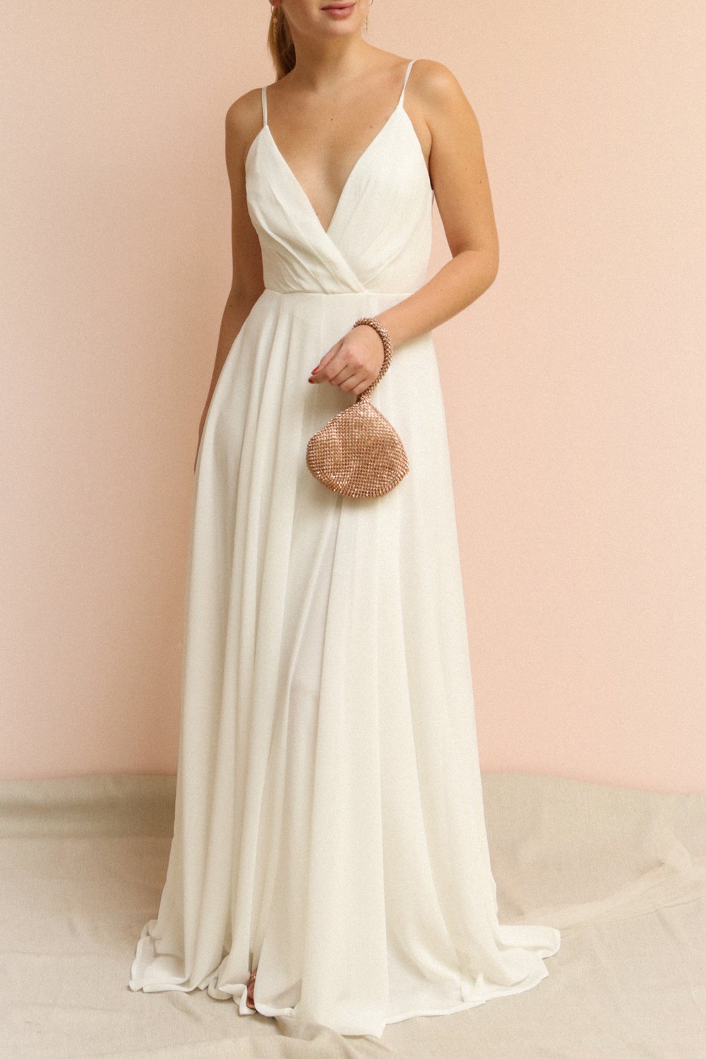 Aelis Ivory Chiffon Plunging V-Neckline Gown | Boudoir 1861 on model