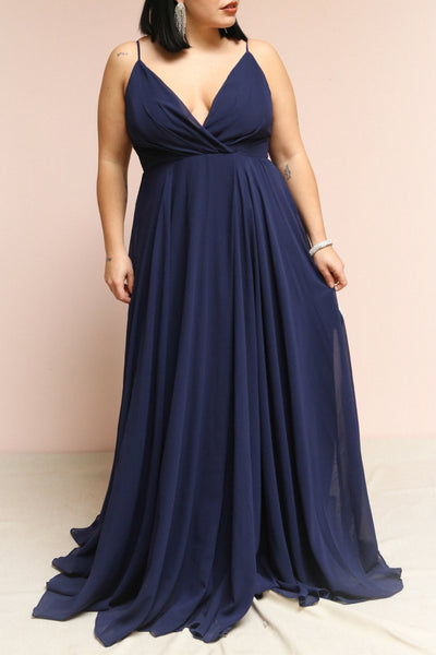 Aelis Navy Pleated Plunging V-Neckline Gown | Boudoir 1861 on model