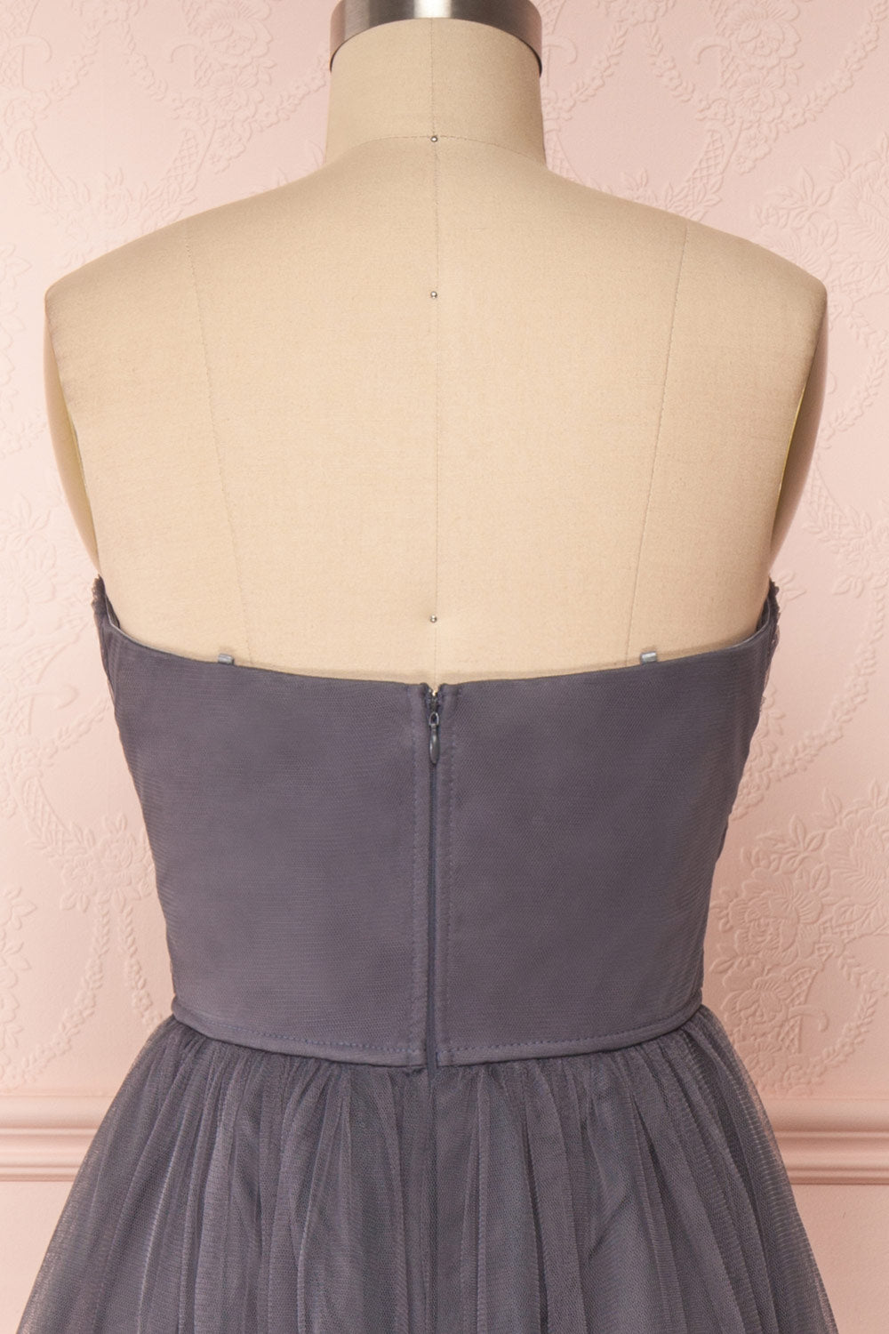 Aerie Charcoal Grey Tulle & Mesh A-Line Maxi Dress | Boutique 1861 back close-up