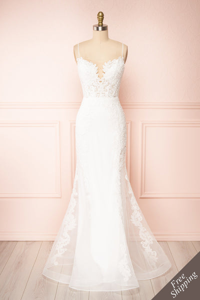 Aerlene White Embroidered Maxi Bridal Dress | Boudoir 1861 front close-up