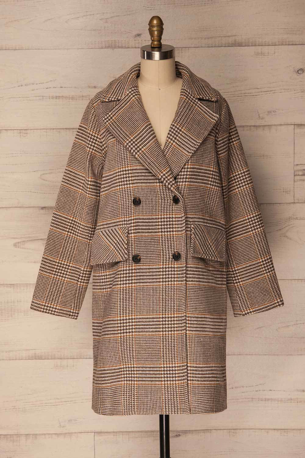 Afarnes Beige Plaid Double Breasted Coat | La Petite Garçonne