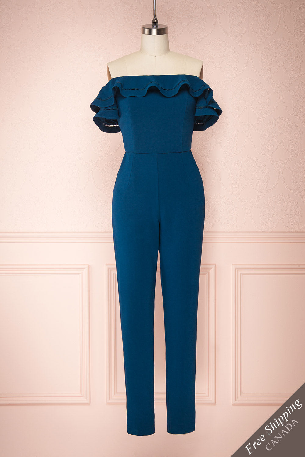 Afeldane Teal Blue Ruffled Off-Shoulder Jumpsuit | FRONT VIEW | Boutique 1861
