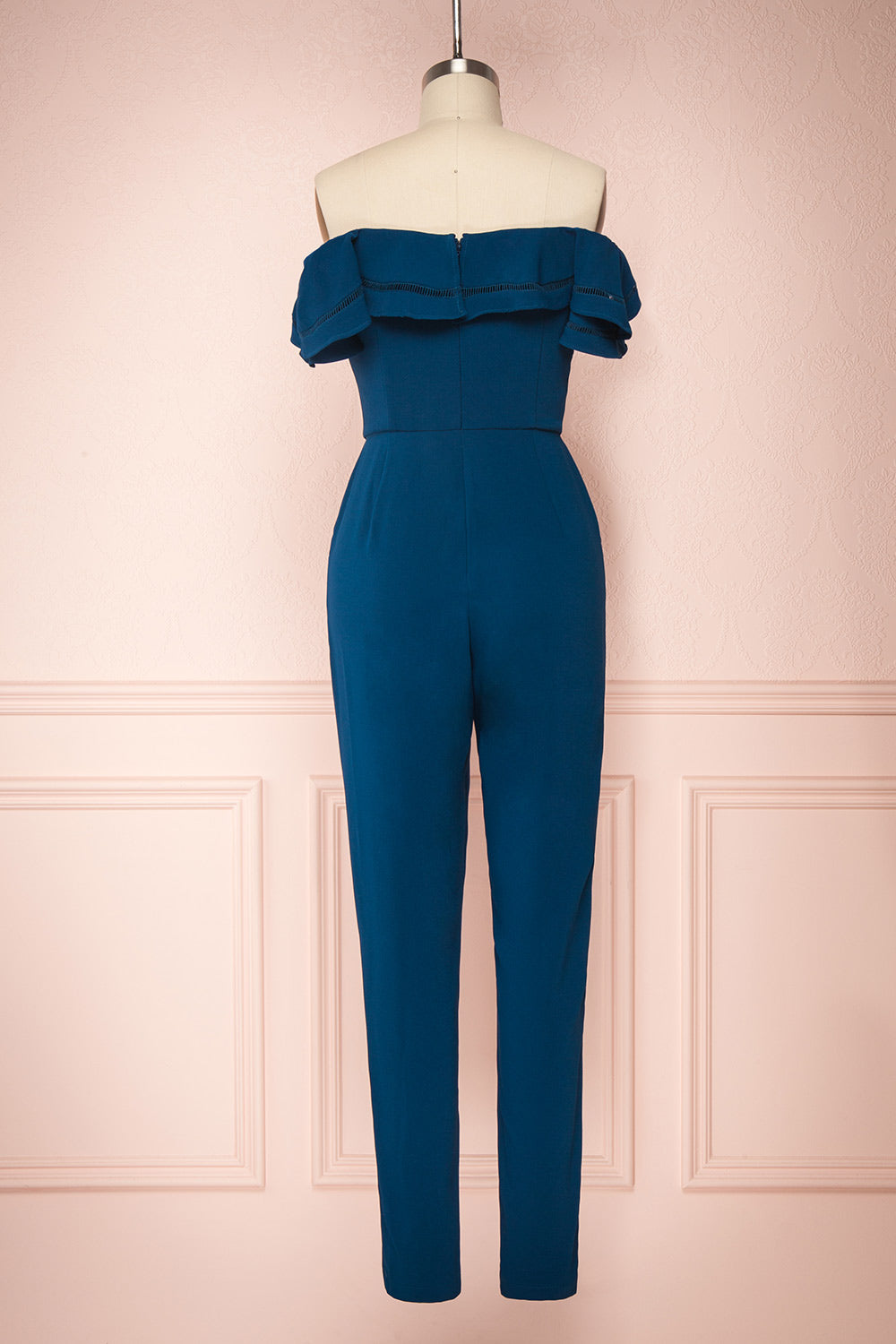Afeldane Teal Blue Ruffled Off-Shoulder Jumpsuit | BACK VIEW | Boutique 1861