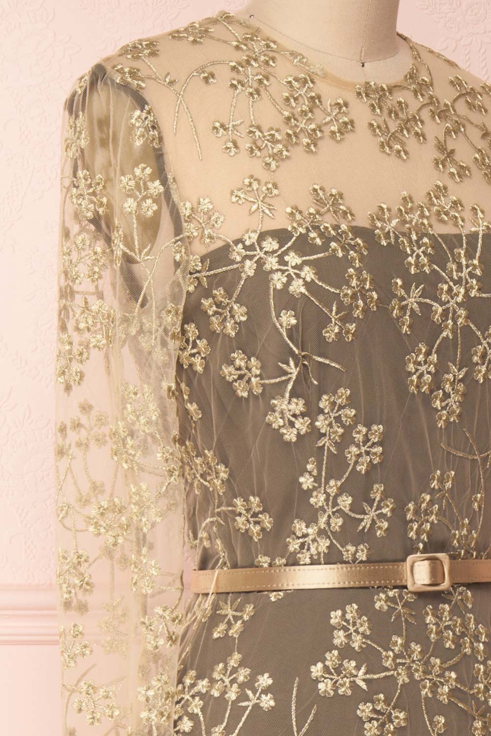 Agnetha Golden Floral Mesh Midi A-Line Dress | Boutique 1861 4