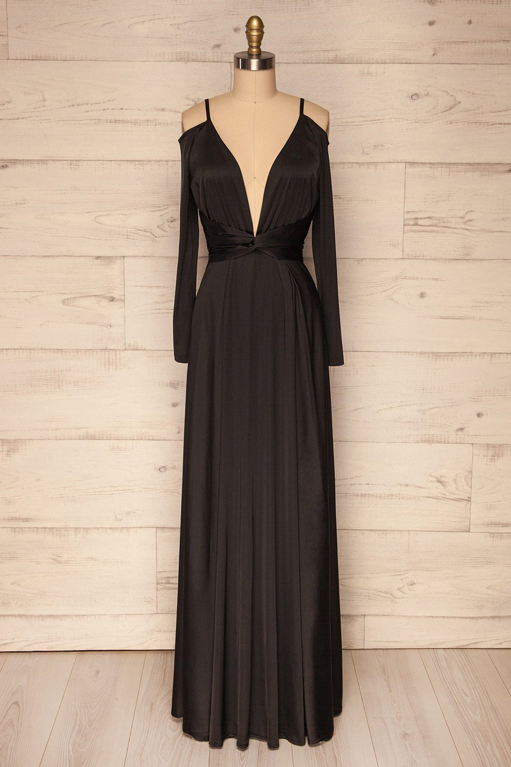 Agras Black Satin Off-Shoulder Maxi Dress | La petite garçonne