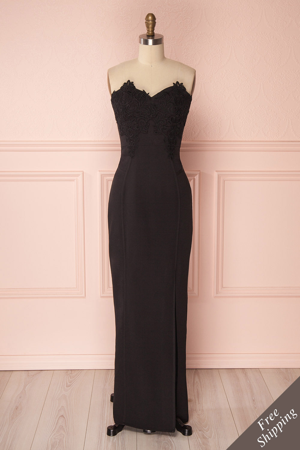 Ailys Nuit Black Embroidered Fitted Bustier Dress | Boutique 1861