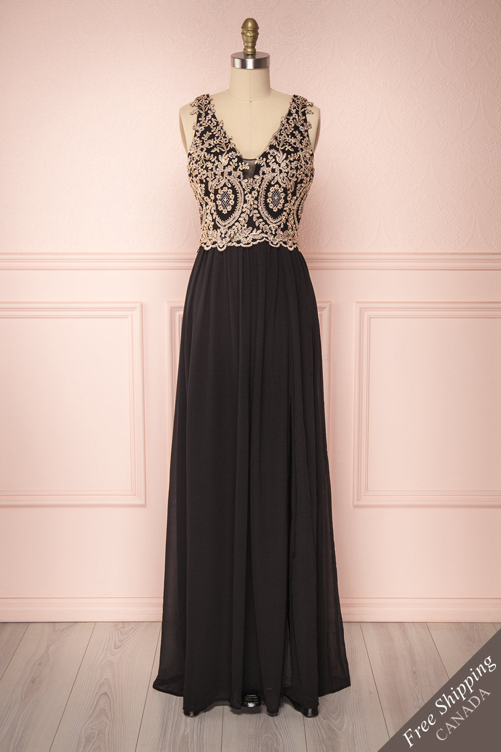 Akar Noir Black Chiffon Gown with Gold Appliqués | Boutique 1861 1