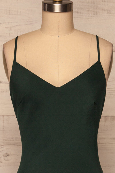 Alcyone Green Silky Dress | Robe Satinée front close up | La Petite Garçonne