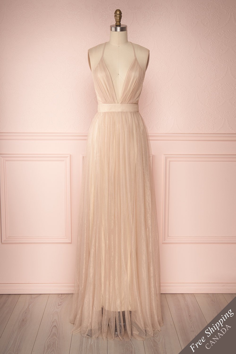 Alecta Gold Mesh Gown with Plunging Neckline | Boutique 1861