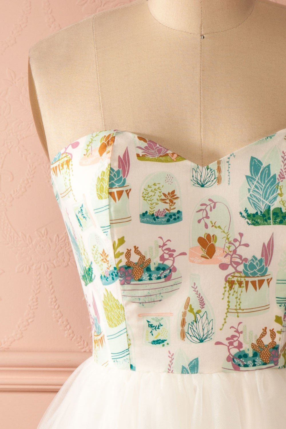 Alie Cactus - Vegetal print white tulle bustier dress 2