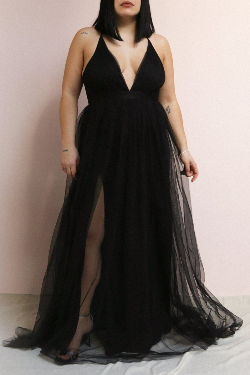 Aliki Red Mesh Plunging Neckline Maxi Dress | Boutique 1861 on model