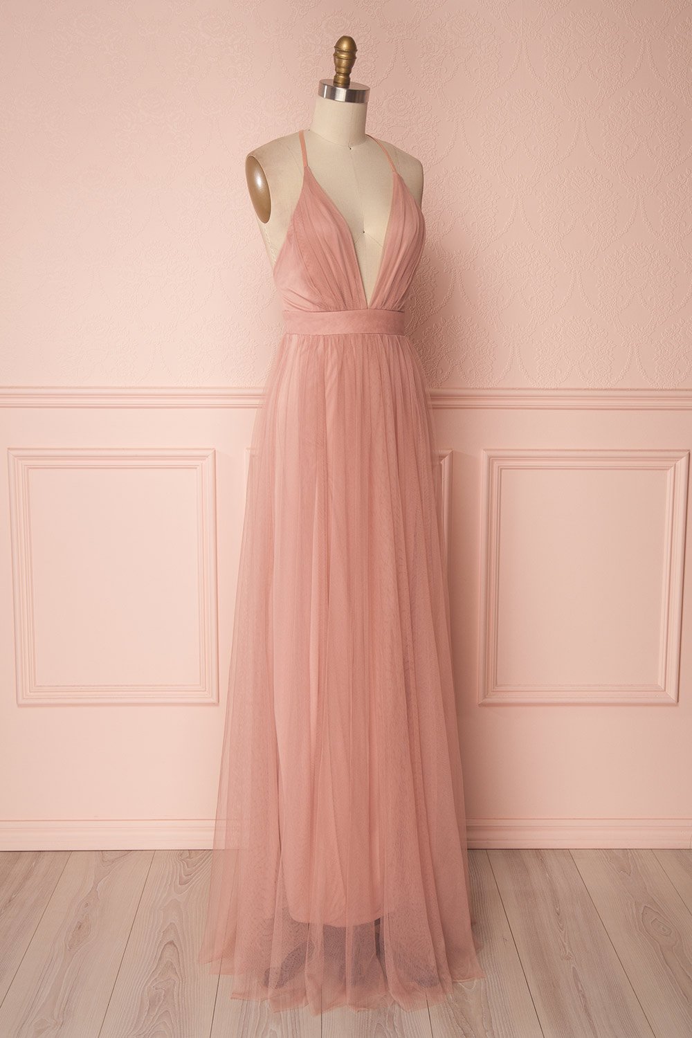 Aliki Blush | Plunging Neckline Mesh Maxi Dress
