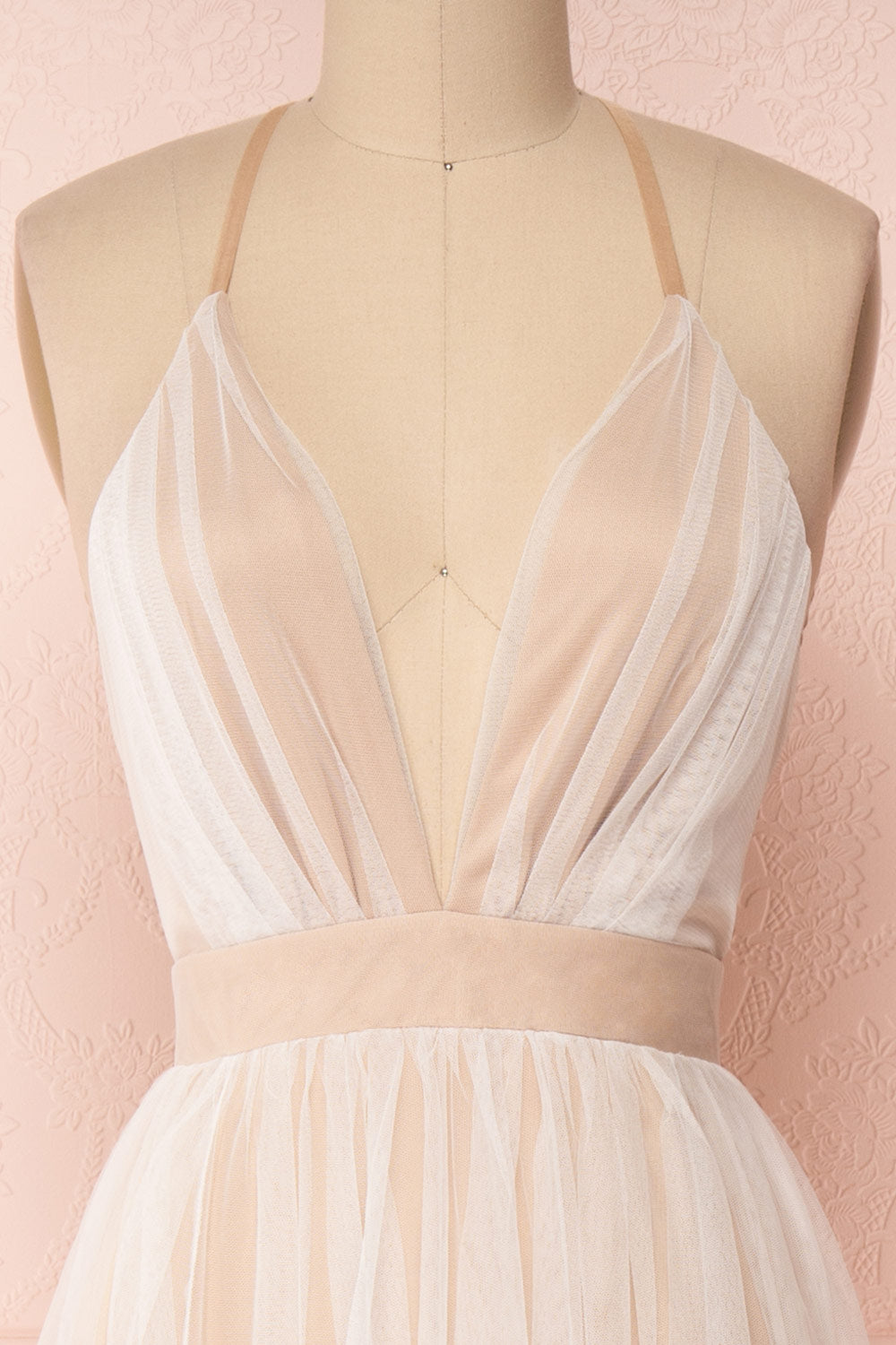 Aliki Taupe & White Mesh Maxi Dress | Boutique 1861 front close-up