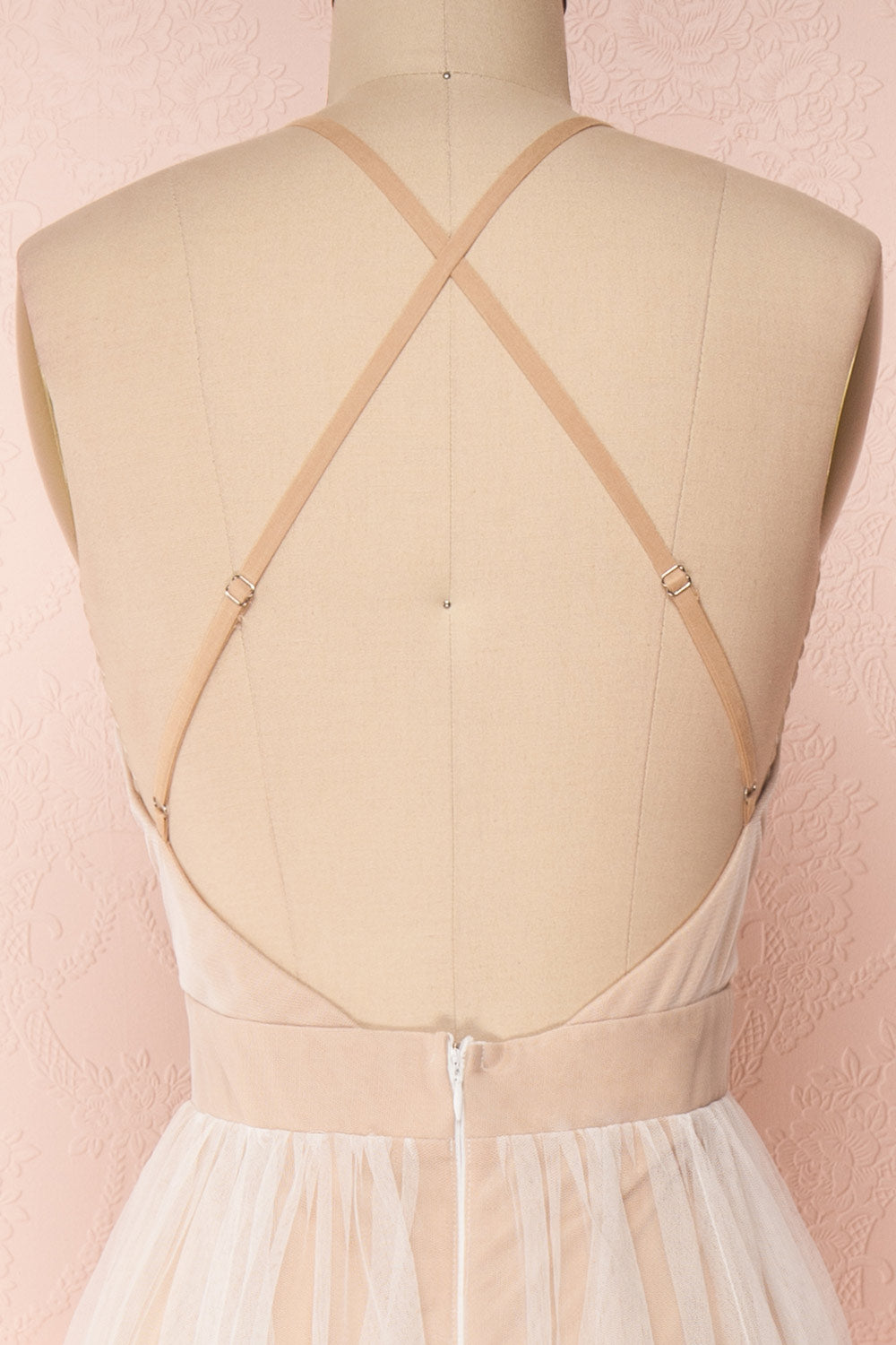 Aliki Taupe & White Mesh Maxi Dress | Boutique 1861 back close-up