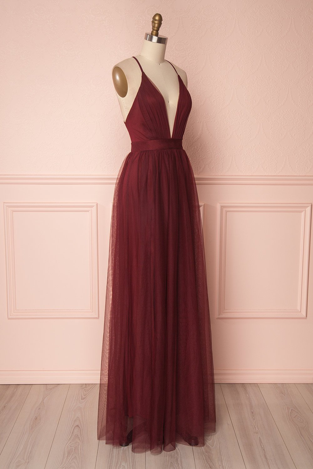 Aliki Wine | Plunging Neckline Mesh Maxi Dress
