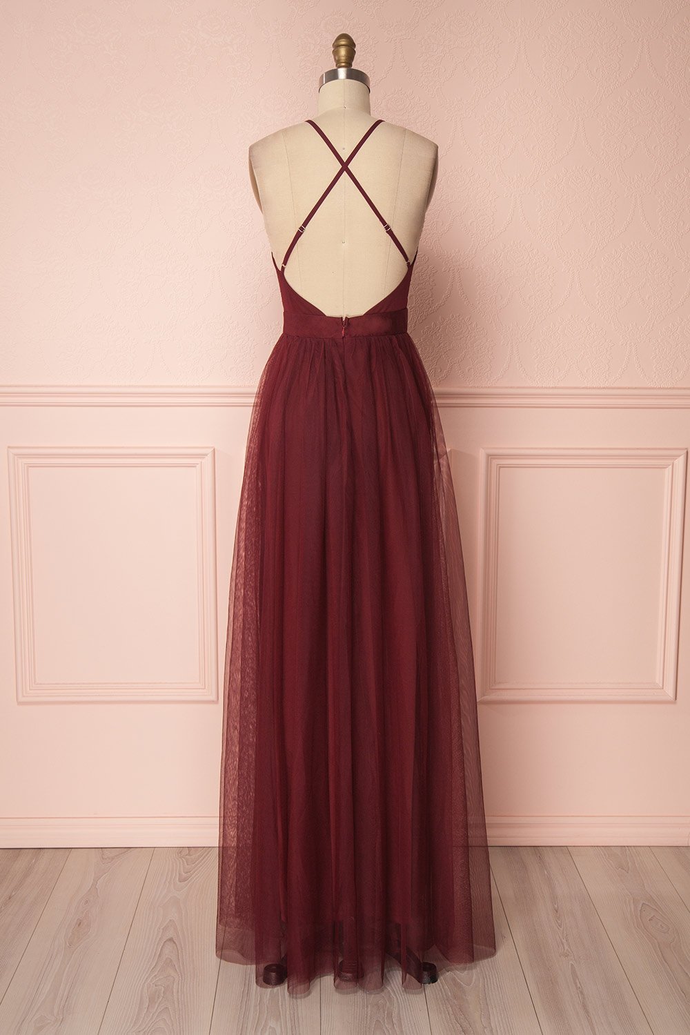 Aliki Wine | Plunging Neckline Mesh Maxi Dress