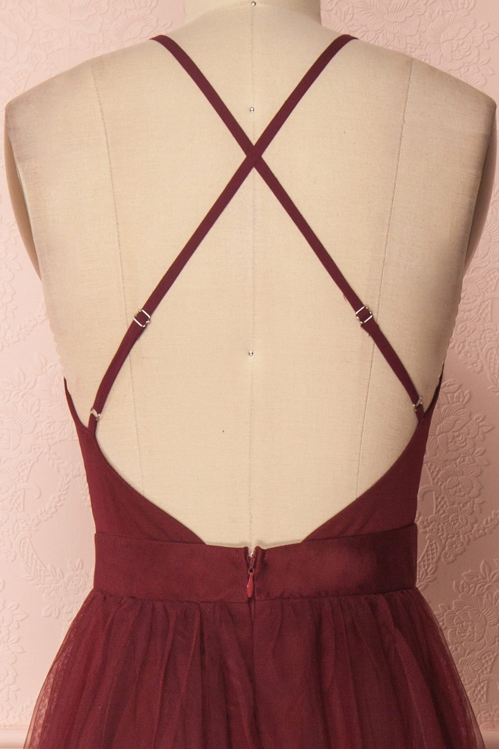 Aliki Wine | Plunging Neckline Mesh Maxi Dress