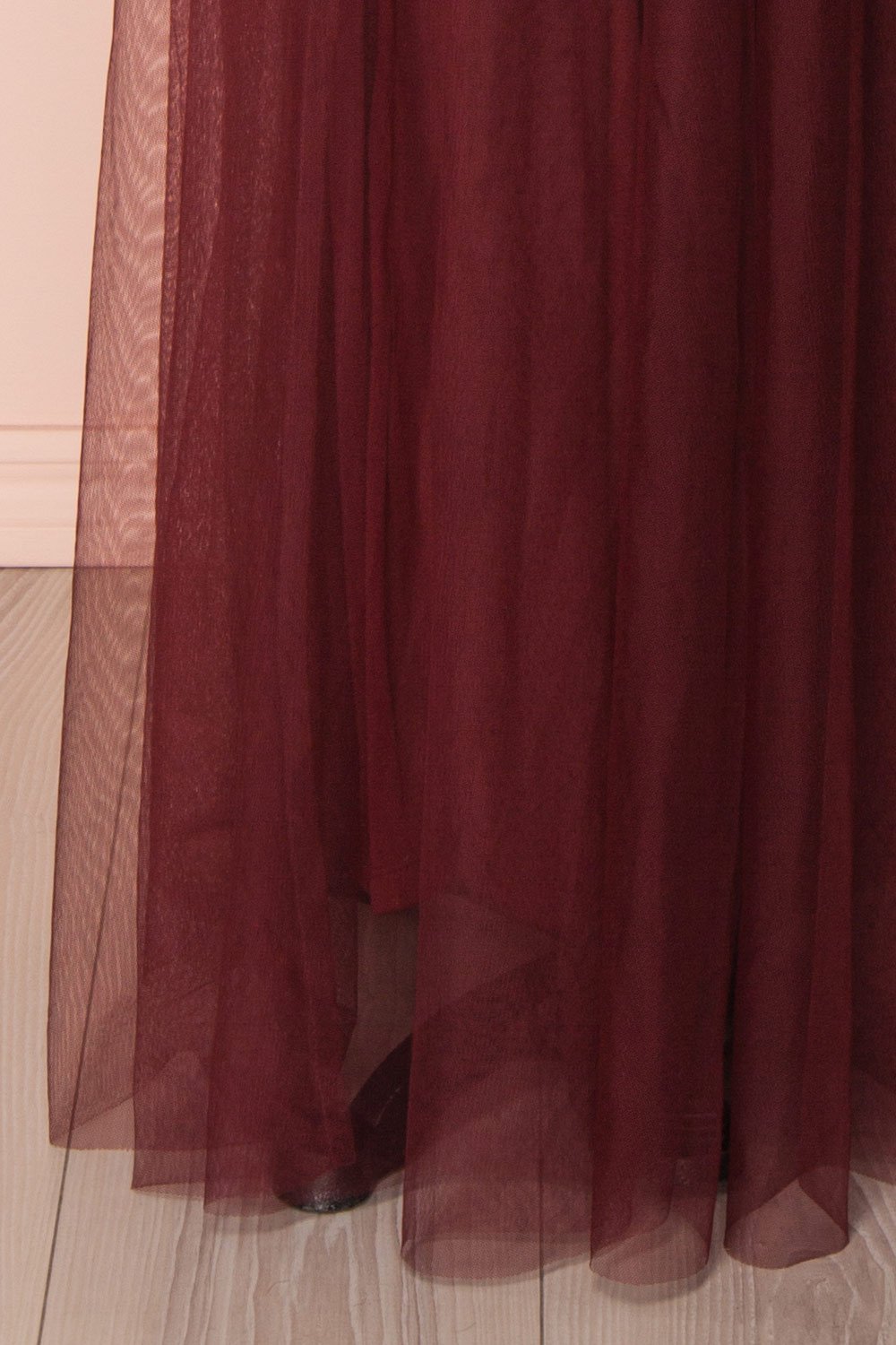 Aliki Wine | Plunging Neckline Mesh Maxi Dress