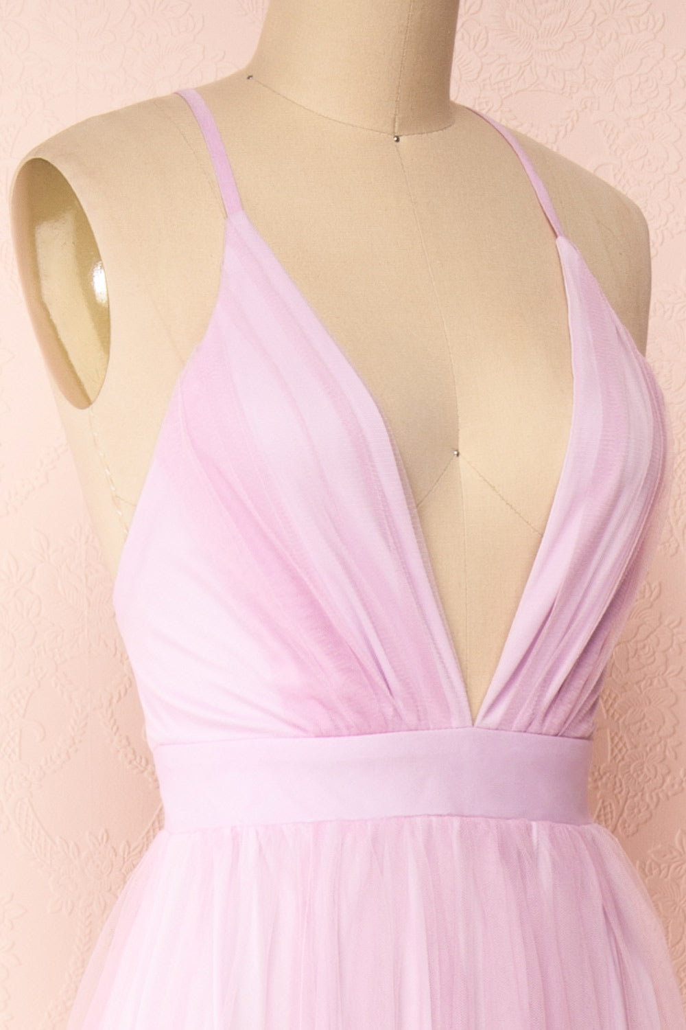 Aliki Lavender Pink Mesh Maxi Dress | Boutique 1861 side close-up