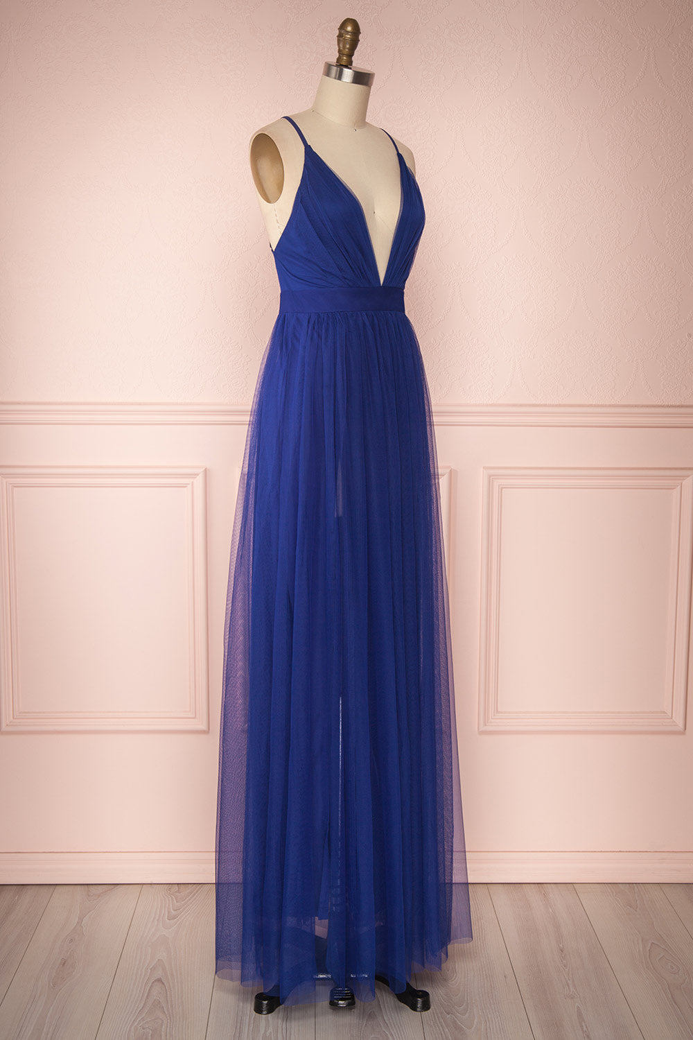 Aliki Navy | Plunging Neckline Mesh Maxi Dress