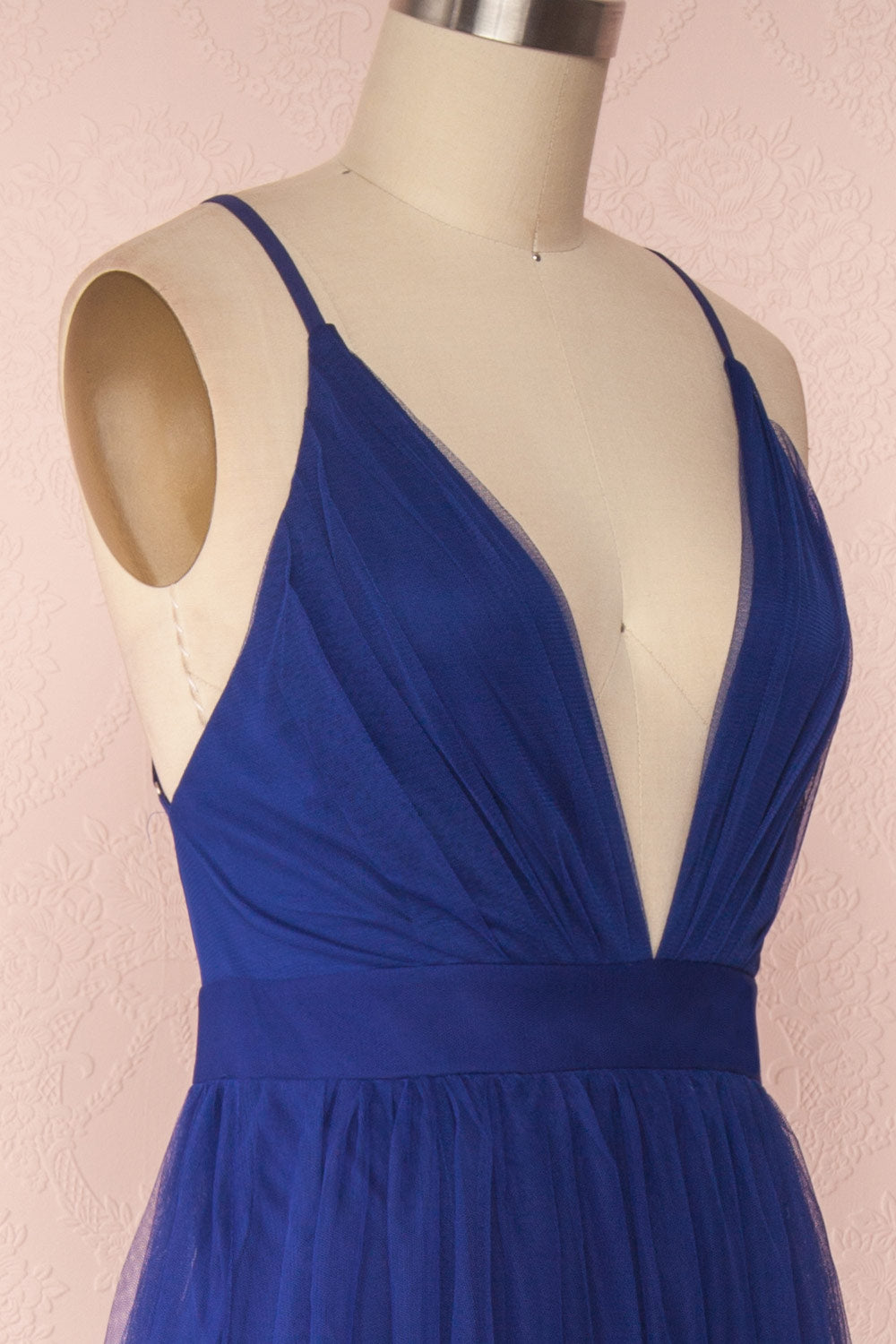 Aliki Navy | Plunging Neckline Mesh Maxi Dress