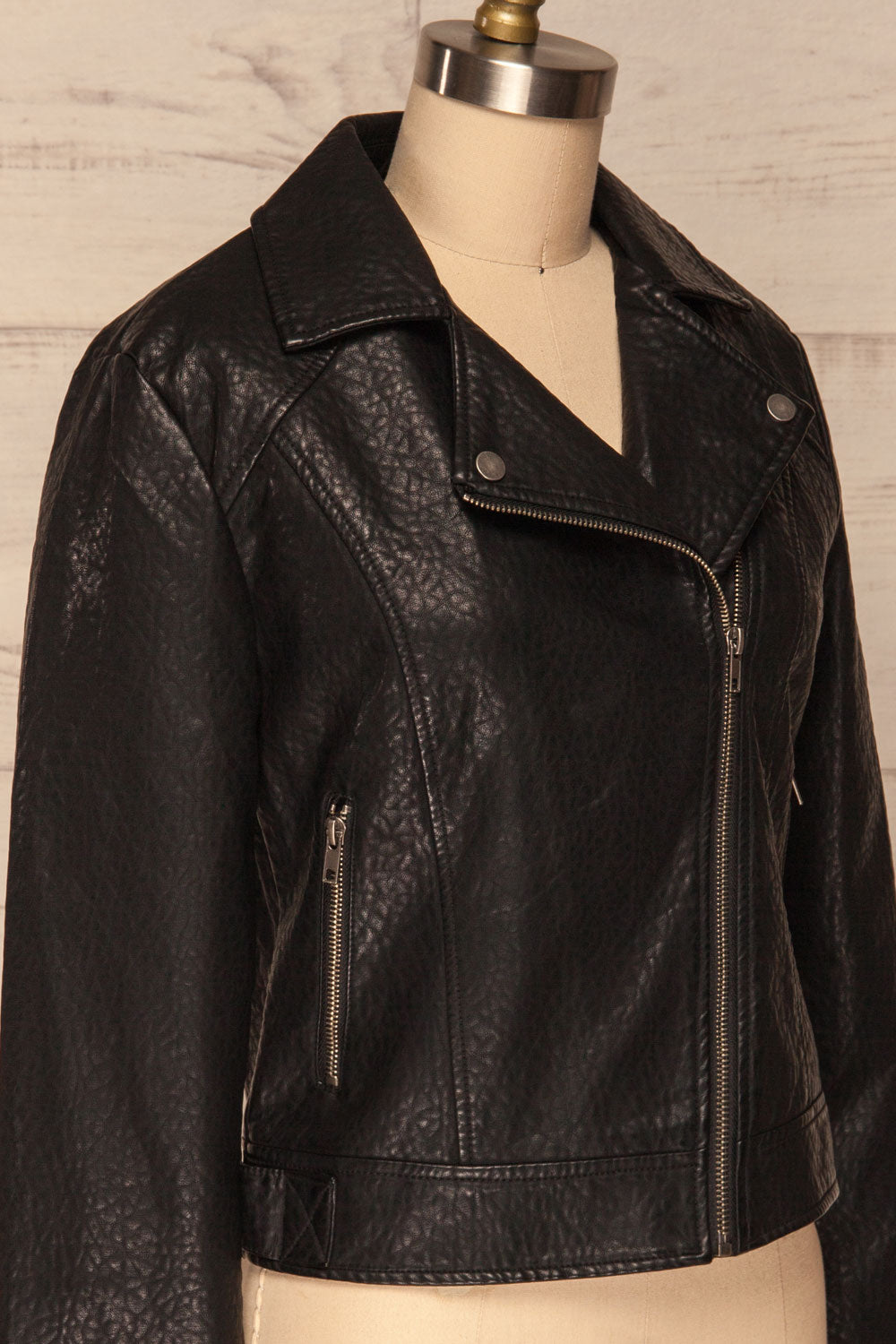 Almada Black Faux Leather Motorcycle Jacket | SIDE CLOSE UP | La Petite Garçonne